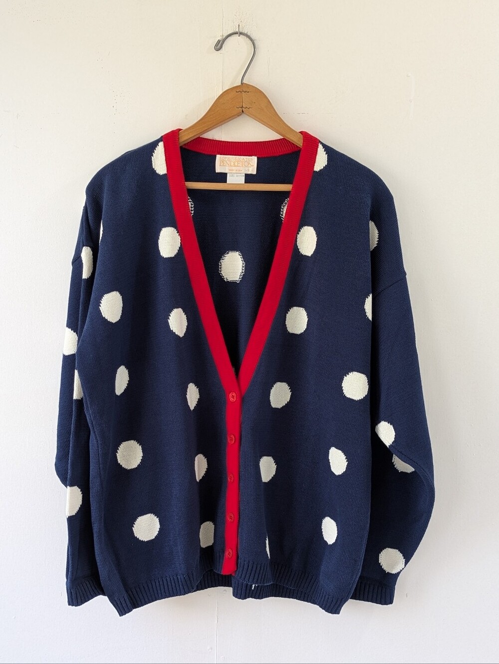 Vintage Pendleton Sophisticates Cotton Cardigan XL Polka Dot Blue White Red USA